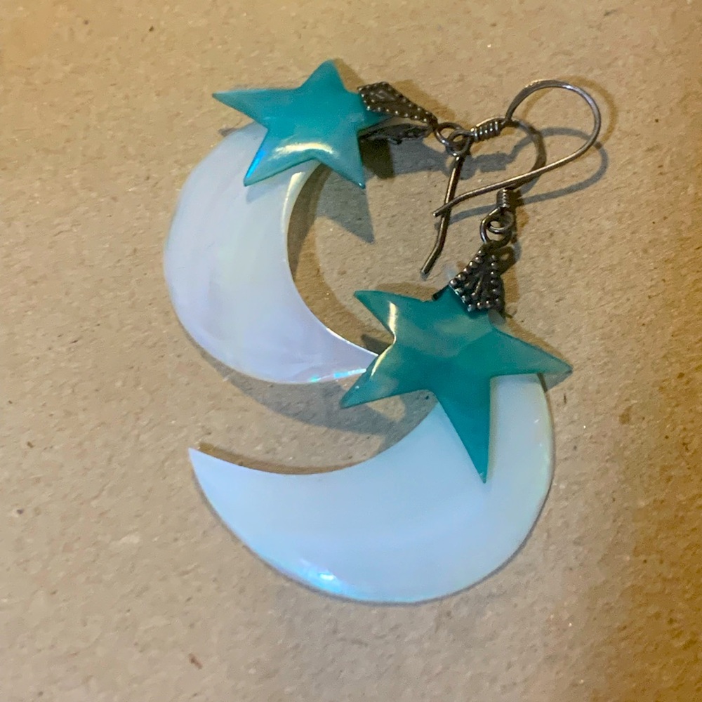 Dyed mother of pearl sterling moon and star earrings